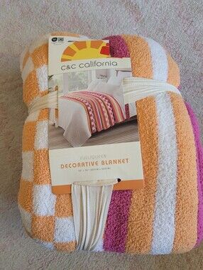 C&C California Orange & Pink Striped Decorative Blanket - Full/Queen 90" X 90"